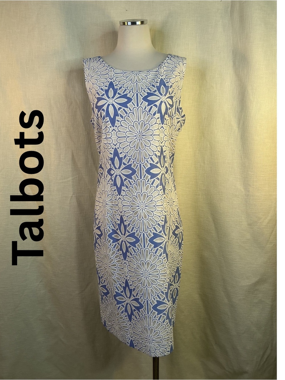 Talbots Blue White Floral Sheath Dress Sleeveless Career Workwear Midi Business